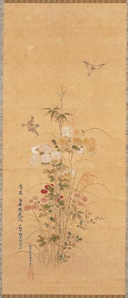 紙本（墨画淡彩）竹菊雀図