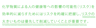 化学物質による人の健康等への影響の可能性(リスク)を効率的に減らすためにはリスクを的確に把握し、リスクの大きいものは優先して削減していくことが重要です。