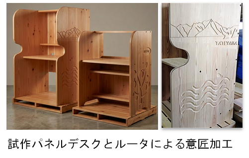 試作パネルデスクとルーターによる意匠加工