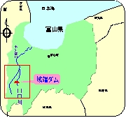 城端ダムへのアクセス図、富山県地図上での位置