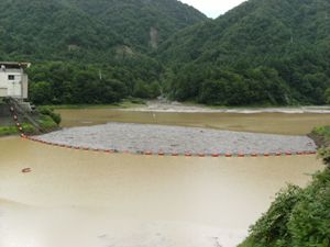 ダム湖に設置された網場