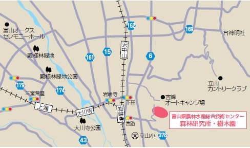 富山県農林水産総合技術センター 森林研究所・樹木園へのアクセス地図
