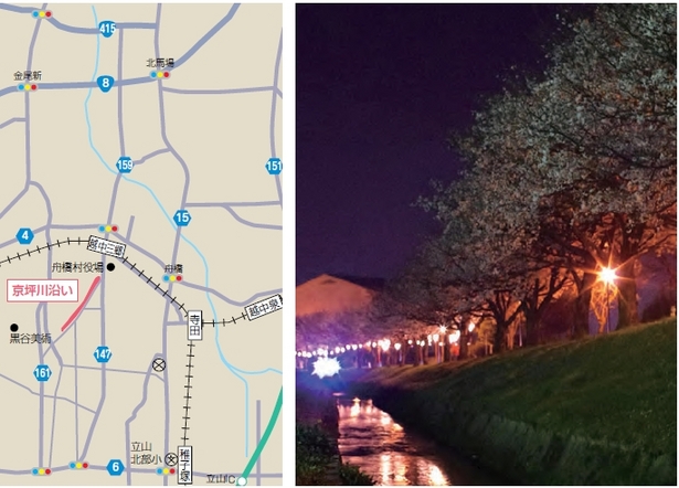 （左）アクセス地図（道）夜桜の様子