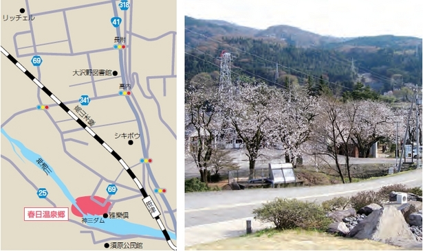 （左）アクセス地図（右）満開時の桜様子