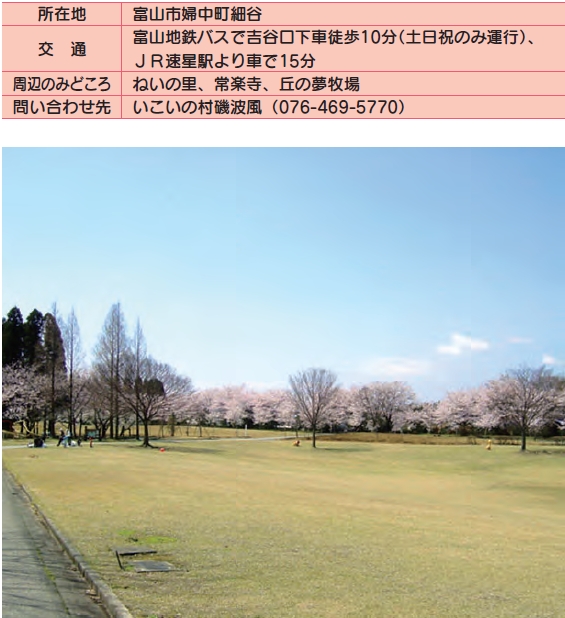 （上段）いこいの村の概要（下段）公園内の桜の様子